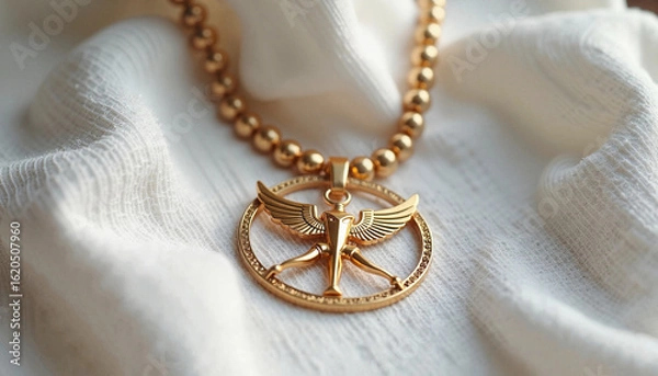 Obraz Stylized Winged Creature Pendant In Gold Ornate Jewelry For Mythology
