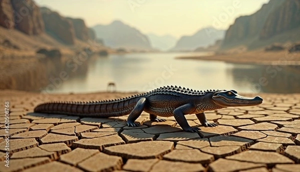 Fototapeta Striking alligator traversing dry cracked earth in arid canyon landscape