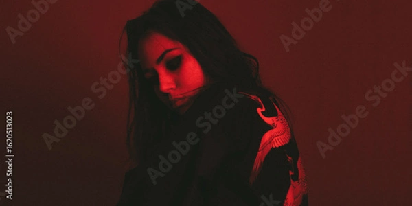 Obraz Moody portrait of a woman in colorful lighting, emotional expression in red, blue, and teal tones.