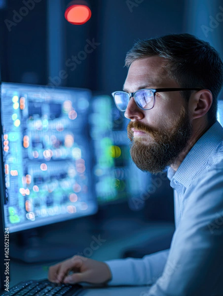Fototapeta A focused individual with glasses analyzes data on multiple monitors in a dimly lit environment, showcasing modern technology and concentration.