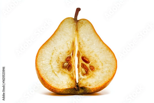Fototapeta a half eaten pear on a white surface