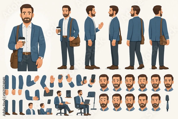 Fototapeta Versatile male character design sheet in a blue suit, showing multiple poses, angles, gestures, and expressions. Ideal for animation, explainer videos, business illustrations, and storytelling.