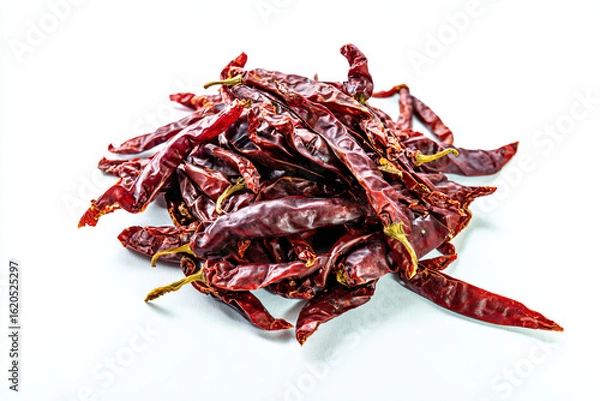 Fototapeta a pile of dried red chili peppers on a white surface