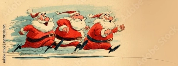 Obraz Expressive hand-drawn-style sketch of three Santas jogging with energy and humor, in a retro cartoon style. Card, greetings.
