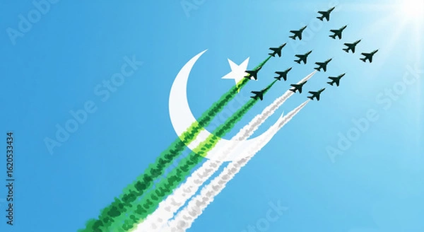 Fototapeta Abstract green background with lines behind a blue sky military jet airshow formation, moon and star the pakistan flag on independence day