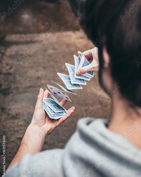Fototapeta young man rippling threw cards