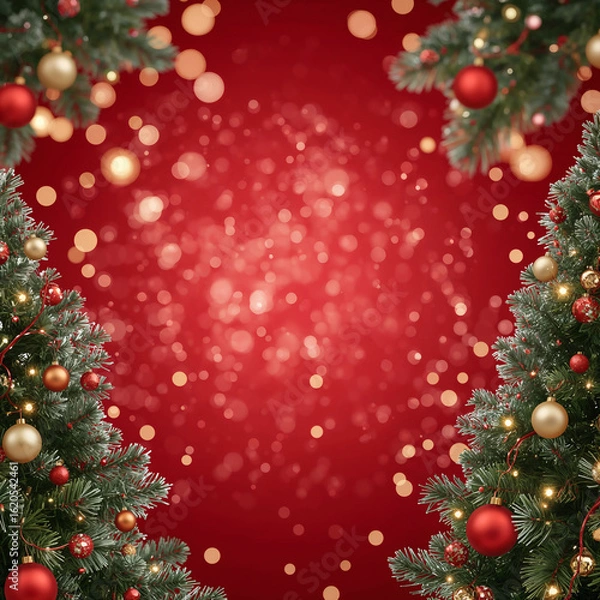 Fototapeta Christmas Banner with Decorated Trees and Red Bokeh Background

