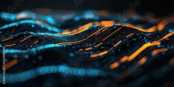 Fototapeta Abstract glowing lines and dots create a complex digital wave pattern on a dark background
