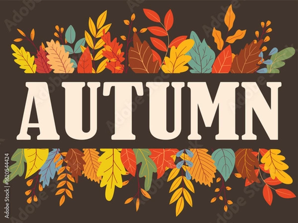 Fototapeta Seasonal card with foliage border and word autumn. Banner fall mood. Foliage decorative template, vector graphics