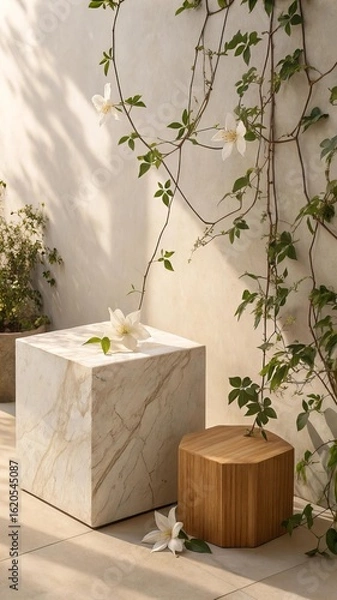 Obraz Minimalist Still Life with Natural Materials and Delicate Floral Elements