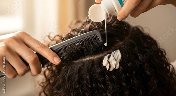 Fototapeta Person applying hair product to curly hair with a comb to separate the strands for treatment application