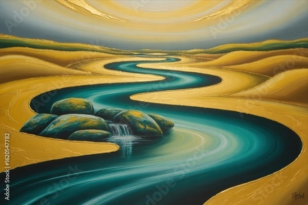 Obraz Serene river winding through golden desert hills under a warm sky