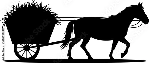 Fototapeta black silhouette vector of a horse pulling a cart filled with hay