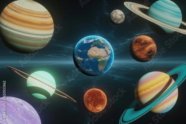 Obraz A vibrant depiction of planets and celestial bodies in the vast expanse of space