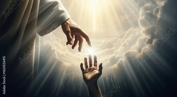 Fototapeta Close-up of Jesus' hand reaching out from the sky, saving the hand of a man, against a background of bright light and clouds. The miracle of saving the life of Jesus Christ, the Son of God, salvation 