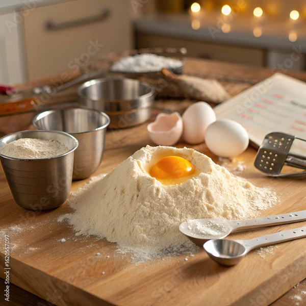 Obraz adding egg to a pile of flour baking test preparation