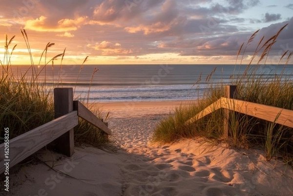 Obraz A sandy path leads to the beach at sunset, framed by dunes and a wooden fence