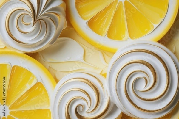 Obraz Swirling lemon meringue swirls and citrus slices close up macro shot