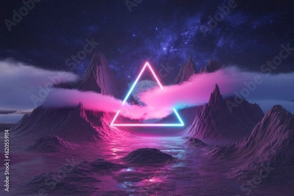 Obraz A neon triangle glows amidst a surreal landscape of mountains and a starry galaxy