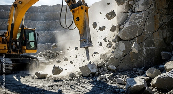 Fototapeta A yellow excavator uses a hydraulic hammer to break down rock in a quarry setting powerfully.