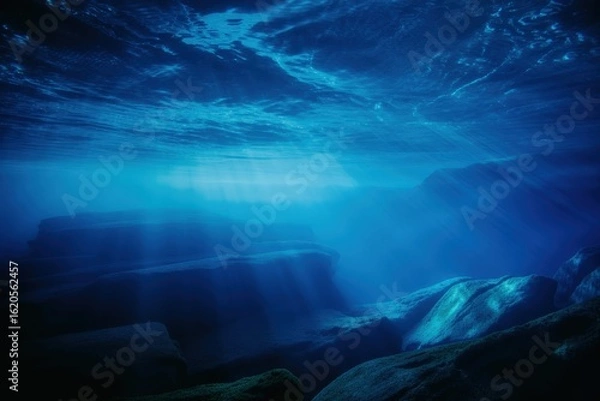 Obraz Sun rays stream through the ocean, illuminating the rocky underwater landscape