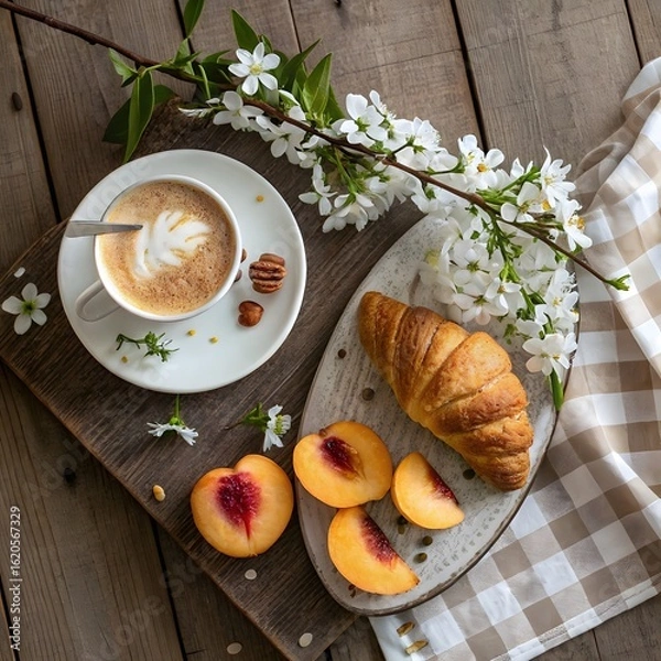 Obraz Morning coffee and croissant with peaches and blossoms