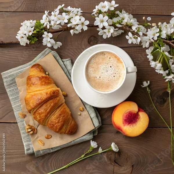 Obraz Delicious croissant and coffee with peach and spring blossoms