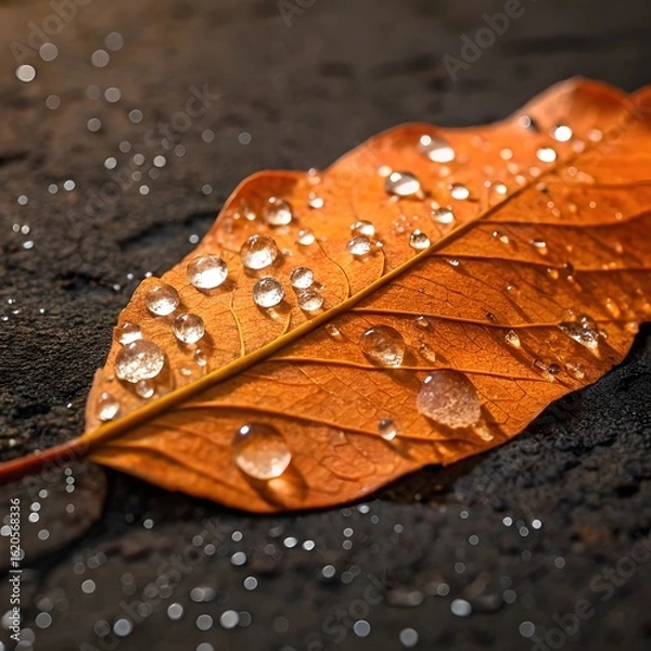 Obraz Autumn leaf with water droplets on dark textured background
