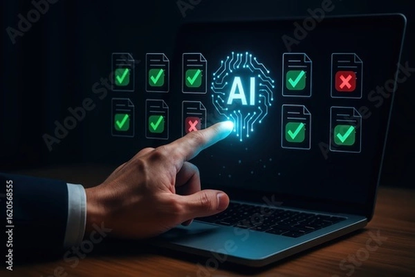 Fototapeta Hand Interacting with AI Technology on Laptop for Data Processing