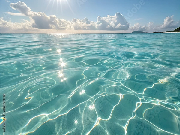 Fototapeta Clear turquoise ocean water shimmers under sunlight with clouds on the horizon
