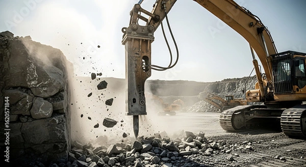 Obraz A large hydraulic breaker relentlessly breaks down a rock face in a dusty industrial mining quarry.