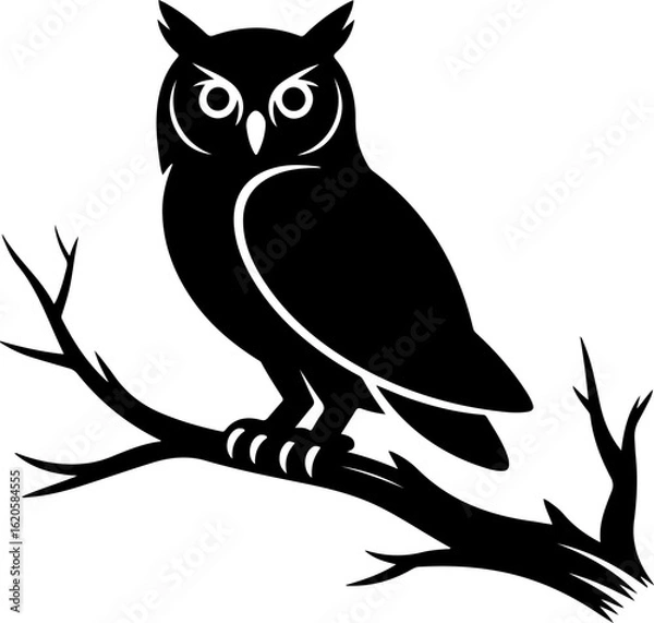 Fototapeta black silhouette vector of an owl perched on a bare tree branch