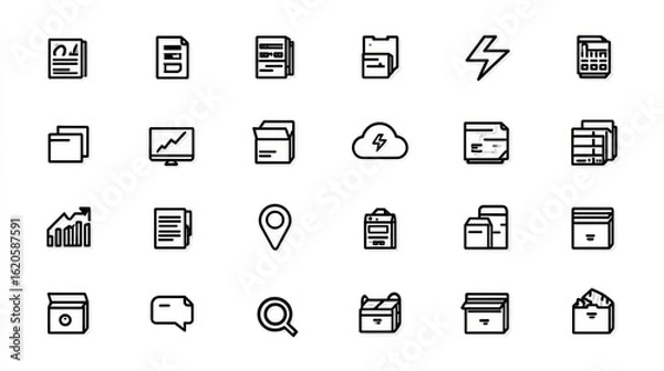 Fototapeta Collection of line art icons depicting file, document, cloud, and chart symbols