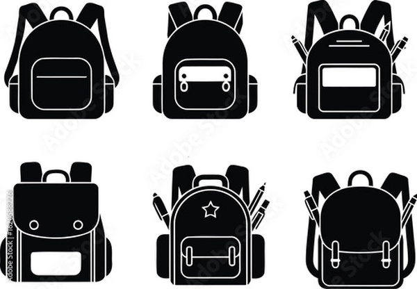 Obraz School Bag Silhouette Set – Vector Backpack Icons for Students



