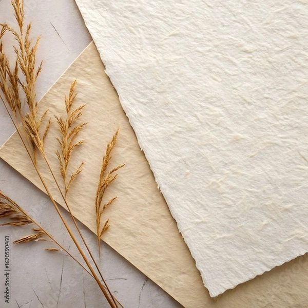 Obraz Textured paper and dried wheat stalks on a neutral background