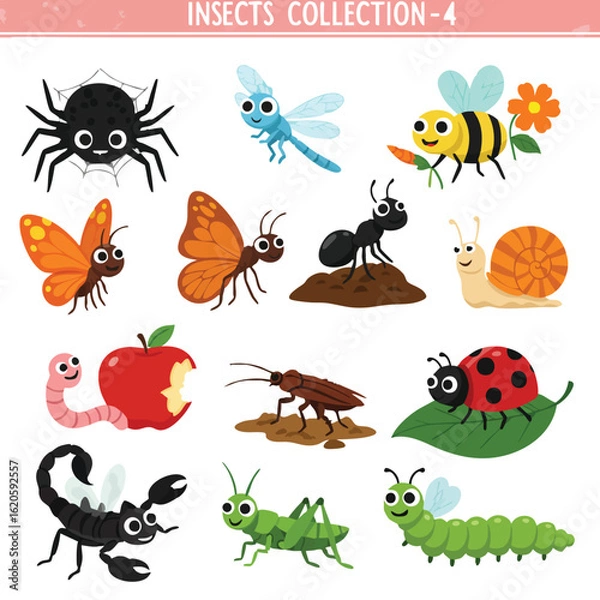 Fototapeta A Delightful Collection of Cute and Friendly Cartoon Insects and Bugs with Big Eyes for Educational Purposes