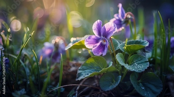Fototapeta Close up of purple violets with water droplets on the leaves in a field during the day time light