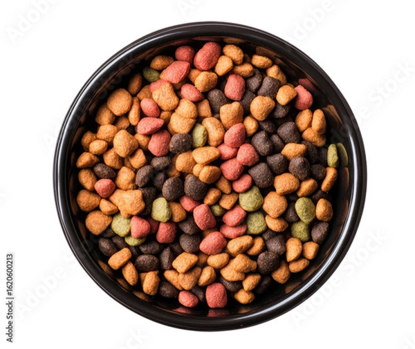 Obraz Colorful dry pet food in a black bowl on a transparent background for nutritional purpose 