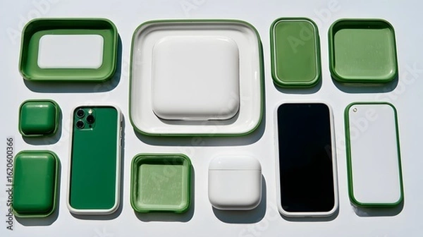 Obraz Assorted green and white protective cases for electronic devices.