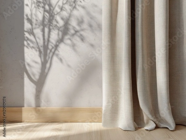 Fototapeta A tree casts a shadow on a wall. A curtain is hanging in front of the wall. The curtain is white and has a pattern