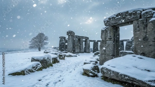 Fototapeta Magical Stonehenge blanketed in winter snow feels peaceful and historic, perfect for travel and history content