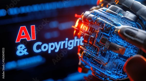 Fototapeta The concept of AI & Copyright shown with a futuristic robotic hand and glowing text on a technology background.