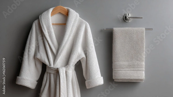 Fototapeta Bathrobe and towel set hanging on a wall-mounted hook, perfect for home or spa mockups