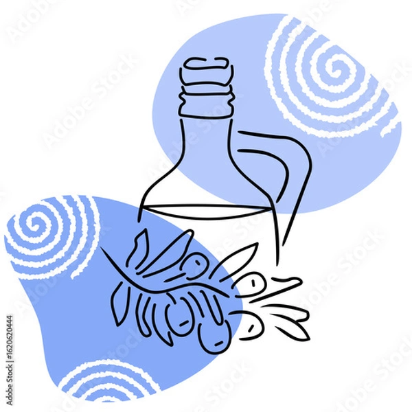 Obraz Minimalist line art of olive oil bottle with cork and tropical leaf splash, surrounded by blue shapes and white swirls. Ideal for food, wellness, or Mediterranean branding.