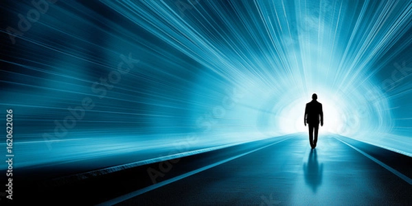 Fototapeta Silhouette of a person walking through a futuristic blue tunnel towards a bright light at the end.