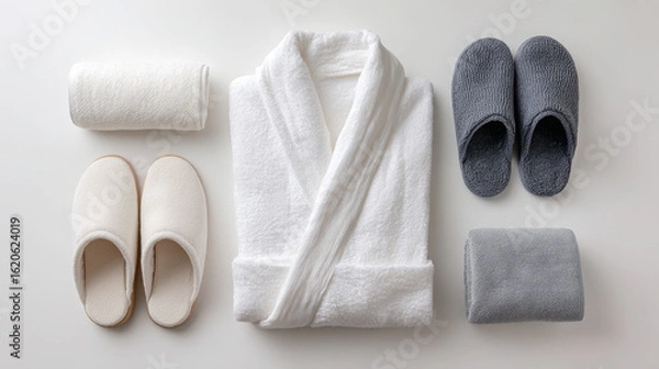 Fototapeta Top-down image of a clean bathrobe, towel, and slippers arranged neatly on a white surface