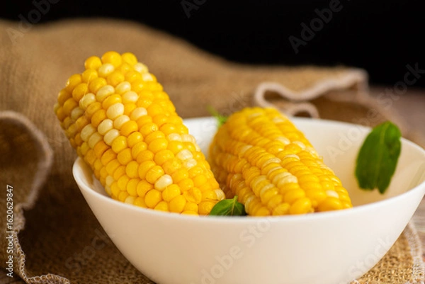 Fototapeta corn cobs with greenery on the table
