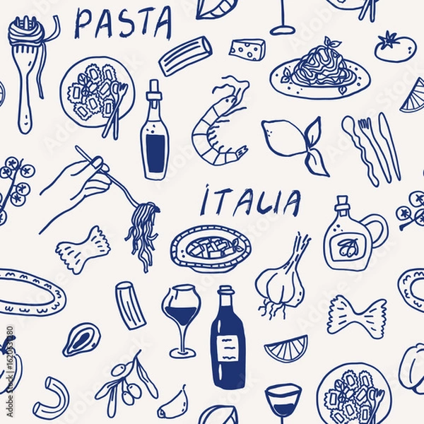 Fototapeta Seamless pattern with whimsical Italian food pasta background. Whimsy coastal mediterranean dinner table party summer sketch. Coquette vector print fabric illustration