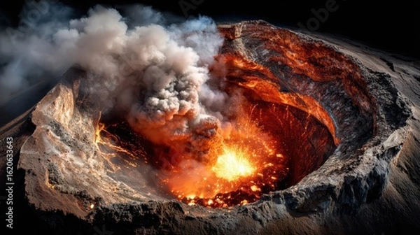 Fototapeta Volcano crater close-up with intense eruption, fiery glow from within, heavy smoke and ash above 