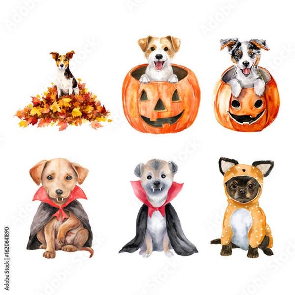 Obraz Cute and playful dogs in festive costumes for Halloween fun and celebration. Halloween Pet isolated on white background, Transparent Background